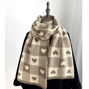 Knitted plaid scarf with heart jacquard pattern in cream and dark coffee colors