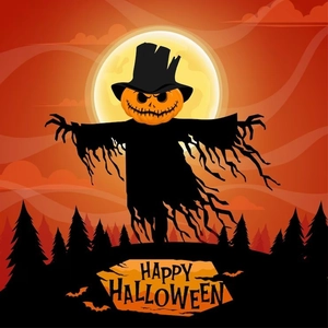 Paillasson épouvantail citrouille d'Halloween avec texte Happy Halloween et pleine lune
