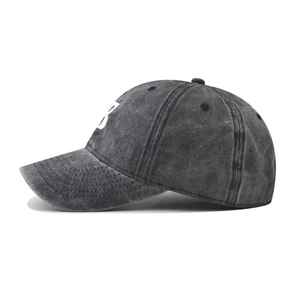 Close-up of the vintage washed dark grey cotton baseball cap with white letter B embroidery