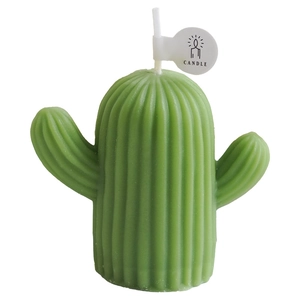 Bougie parfumée cactus vert réaliste avec étiquette blanche sur fond blanc pur