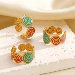 Stainless Steel Ring Colorful Enamel Spiral Texture Open Adjustable Fashion Gold Plated Jewelry For Women