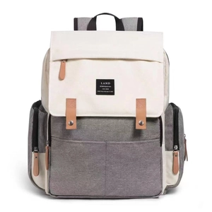 LAND grey and off-white multi-functional mommy backpack with brown leather strap accents