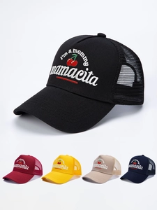 Close-up of five colorful mesh trucker hats with embroidered cherry and mamacita text