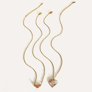 Golden heart necklaces with pink enamel heart pendant and geometric splicing heart pendant