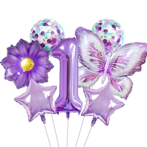 Iridescent purple butterfly balloon set with sunflower and glitter sequins for first birthday