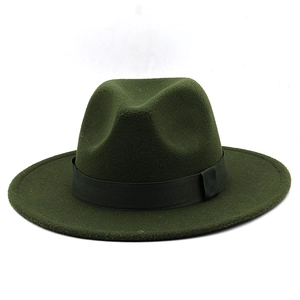 Classic dark green wool fedora hat with black grosgrain ribbon and wide flat brim