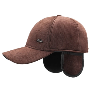 Men's winter dark brown corduroy baseball cap with ear flaps and thickened warmth