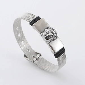 Stainless steel mesh bracelet featuring a Buddha head charm in a silver and black finish