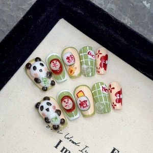 Press On Nails Handmade 3D Panda Cartoon Cute Plaid Design Glossy Coffin Shape Artificial Fingernails