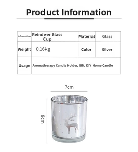 Silver glass candle holder with reindeer pattern, size 7x8cm and weight 0.16kg