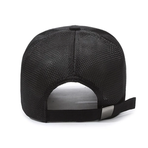 Black mesh breathable baseball cap with adjustable metal buckle back view for sports