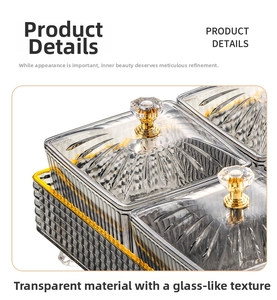 Close-up of transparent snack tray featuring vertical stripes and golden diamond handle