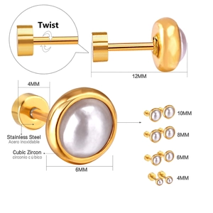Gold-plated stainless steel screw-back earrings with white cubic zirconia in four sizes