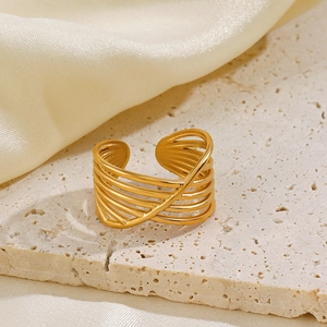 Gold plated stainless steel multi-layer wide band cross open ring for women
