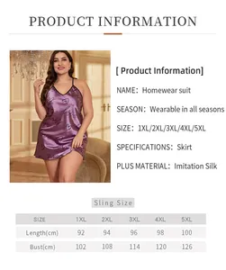 Guide des tailles pour nuisette en satin grande taille avec imprimé et mesures de 1XL à 5XL
