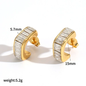 Boucles d'oreilles créoles en C dorées en acier inoxydable avec cristaux de zircone
