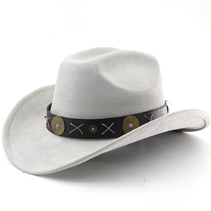 Detailed view of off-white cowboy hat with black leather band and metal rivets