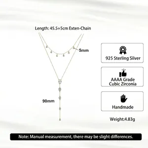 Elegant gold S925 sterling silver double-layered Y-shaped necklace with cubic zirconia