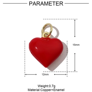 Detailed macro view of a 15mm red enamel heart pendant with dimensions and weight data