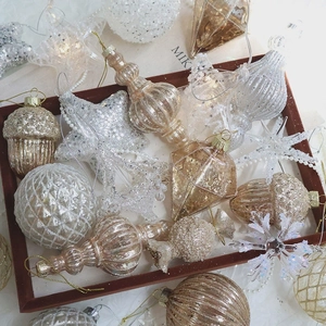 Retro Champagne Gold Glass Christmas Tree Hanging Ornaments Glitter Sequin Candy Pine Cone Baubles For Holiday Decor