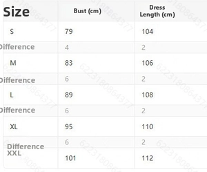 Size chart for off-shoulder maternity dress with bust and length in centimeters