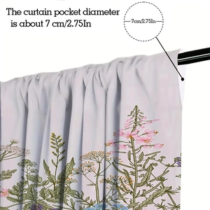 Close-up of floral polyester curtain showing the 7cm diameter rod pocket for hanging