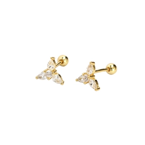 Gold s925 silver piercing earrings featuring triangle pear cubic zirconia cluster and screw back