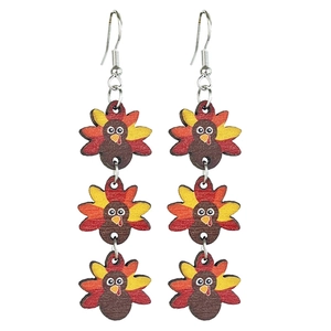 Three-tier wooden turkey drop earrings with festive colors for Thanksgiving celebration