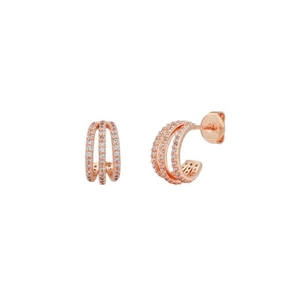 Detail showing high-quality rose gold C-shaped earrings with triple row zircon pave