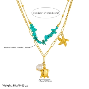 Bohemian gold layered necklace with turquoise stones, starfish and turtle pearl charms