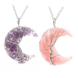 Detailed wire-wrapped crescent moon tree of life necklaces with natural crystal stones