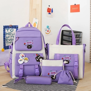 Detailed five-piece nylon backpack set for students featuring purple bear patterns