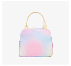 Detailed view of the gradient lunch bag with beige handle and secure zipper closure