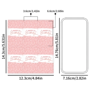 Pink glitter baby shower candy bar wrappers dimension chart with happy birthday stickers