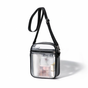 Minimalist transparent PVC shoulder bag for women with black trim and zipper closure