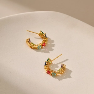 Colorful zircon C-shaped earrings in 18K gold plated copper with exotic luxury style