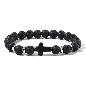 Perlenarmband für Herren mit Kreuz aus schwarzem Vulkanstein und silbernen Trennelementen