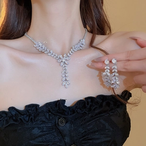 Elegant wheat leaf tassel silver earrings and necklace set with sparkling zircon stones