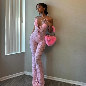 Women Sexy Lace Jumpsuit Halter Neck Backless Sheer Perspective Hollow Out Flare Pants High Waist Sleeveless