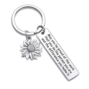 Silver stainless steel sunflower keychain with inspirational engraved metal pendant tag