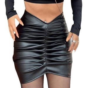 Elegant high-waisted black PU leather mini skirt with pleated design and V-cut waistline