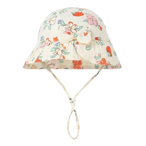 Detail of baby cotton sun hat with strawberry print, floral bow, and adjustable strap