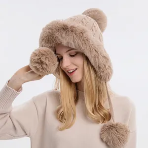 Women Winter Knit Beanie Hat With Faux Fur Pom Poms Thick Fleece Lined Ear Flaps Warm Outdoor Cold Weather