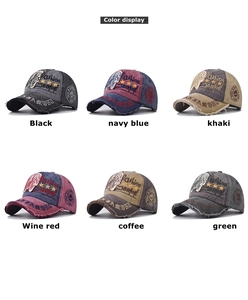 Classic washed cotton baseball caps in six colors showing vintage embroidery and badges