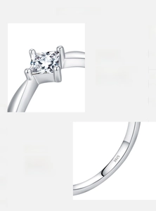 Detail of square-cut D-color Moissanite on S925 sterling silver ring with hallmark