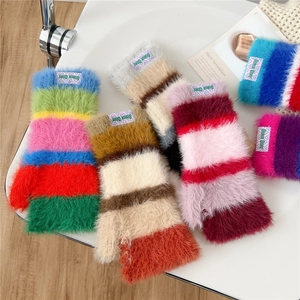 Women Rainbow Striped Polyester Plush Half-Finger Gloves Knitted Warm Winter Fingerless Typing Wrist Warmer Fashion Accessory