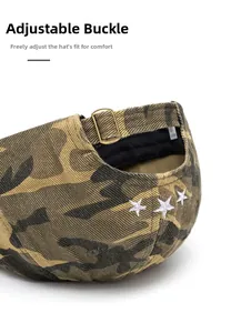 Detail of camouflage baseball cap with metal buckle and three white stars embroidery