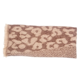 Close-up of leopard print scarf fabric showing soft jacquard weave and tassel detail