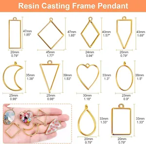 Detailed size chart for resin casting frame pendants in various geometric shapes