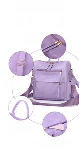 Details des lila Lederrucksacks mit Diebstahlsicherungstasche und verstellbaren Gurten